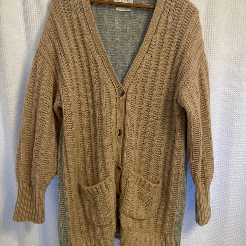 Peruvian alpaca chunky cardigan "Eleven Six" women’s oversized small, beige/gray